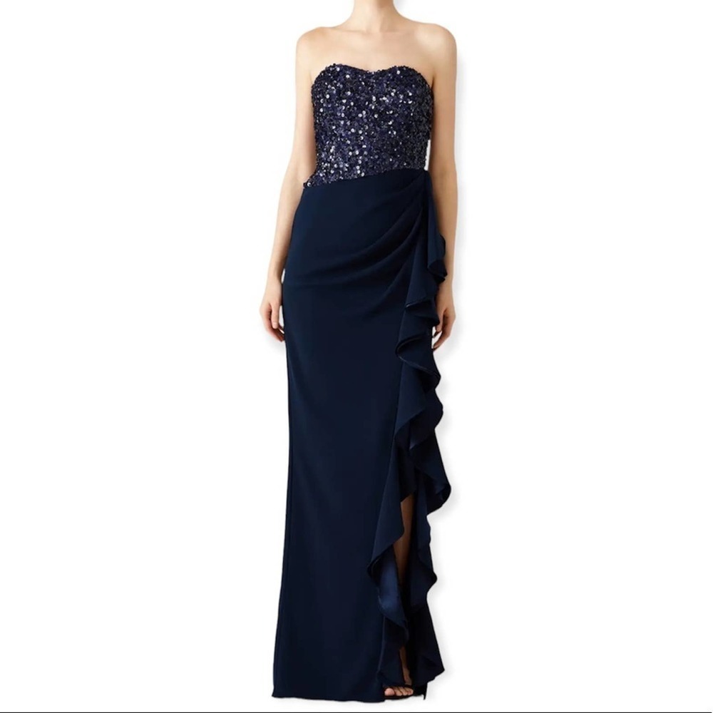 Badgley Mischka Blue Sequin Ruffle Gown